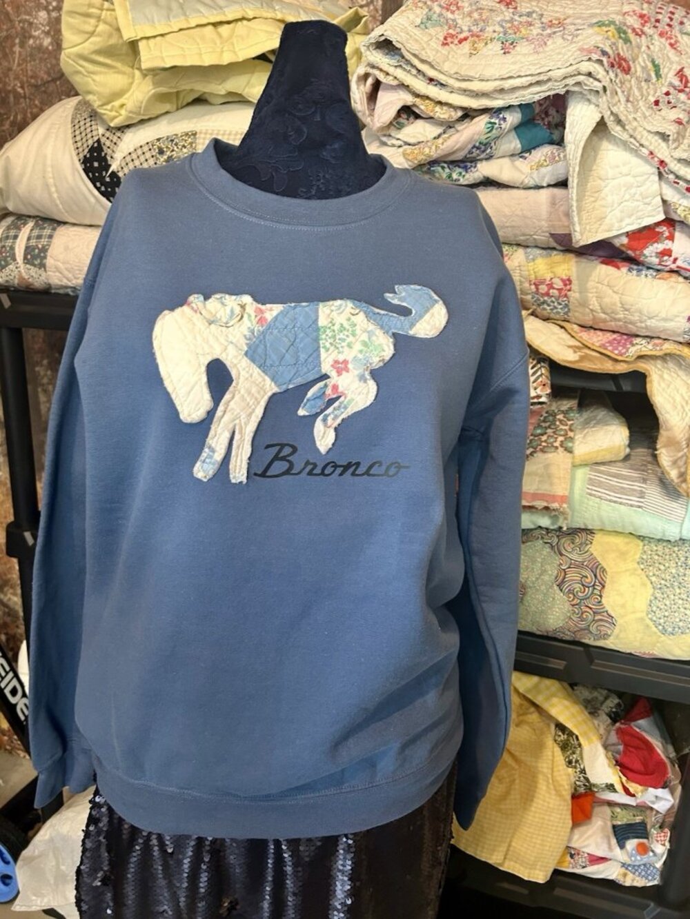 Ford Bronco Quilt Patchwork , Upcycled Vintage Sweatshirt, Indigo Blue Size S